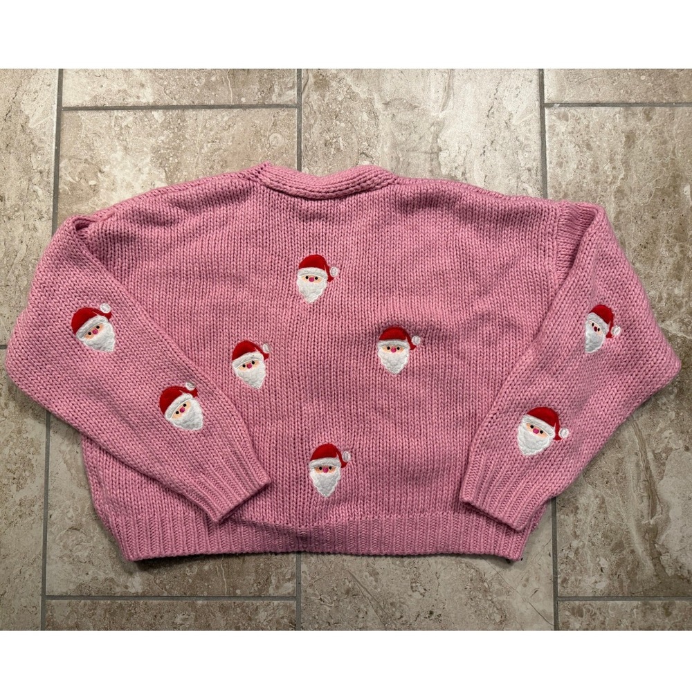 Forever 21 Pink Santa Claus Embroidered Cropped Knit Cardigan Sweater Small - Picture 2 of 5